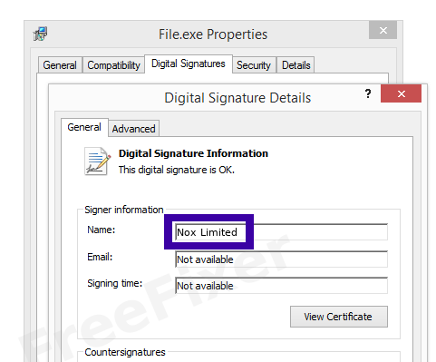 Screenshot of the Nox Limited certificate